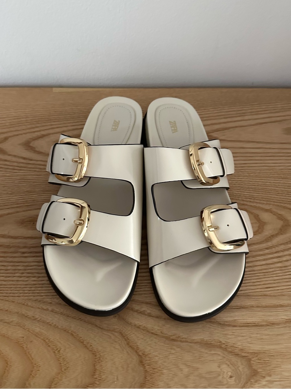 NWOT Cream Zara Slides with Gold Buckle
